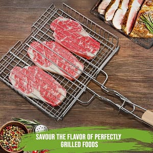 Plated Barbecue Grill Net Basket With Wooden Handle